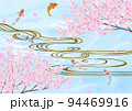装飾背景-青空に桜と流水と錦鯉 94469916