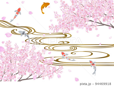 装飾背景-桜と流水と錦鯉 94469918