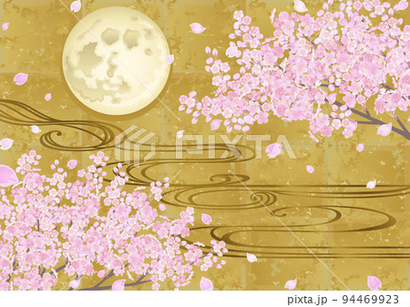 装飾背景-金箔に桜と流水と月 94469923