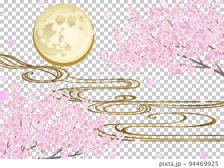 裝飾背景——櫻花、流水和月亮 94469925