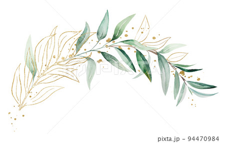 Geometric golden bouquet made of green watercolor eucalyptus leaves, wedding illustration Geometric golden bouquet made of green watercolor eucalyptus leaves, wedding illustration 94470984