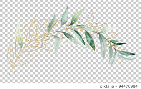 Geometric golden bouquet made of green watercolor eucalyptus leaves, wedding illustration Geometric golden bouquet made of green watercolor eucalyptus leaves, wedding illustration 94470984
