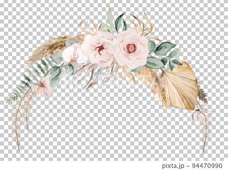 Boho Wedding Watercolor wreath with beige and green tropical leaves and orchid flowers illustration 94470990