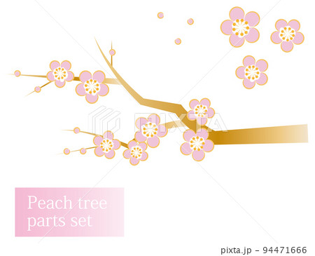 日本の植物 桃の花が咲き誇っている桃の木 和風のお洒落なイラスト パーツセット ベクター 94471666