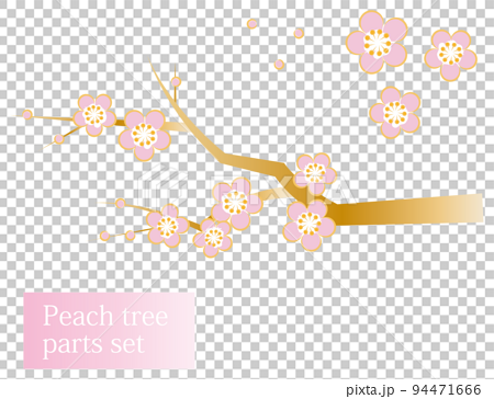 日本の植物 桃の花が咲き誇っている桃の木 和風のお洒落なイラスト パーツセット ベクター 94471666
