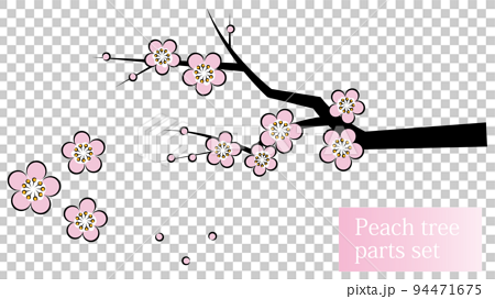 日本の植物 桃の花が咲き誇っている桃の木 和風のお洒落なイラスト パーツセット ベクター  94471675