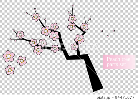 日本の植物 桃の花が咲き誇っている桃の木 和風のお洒落なイラスト パーツセット ベクター  94471677