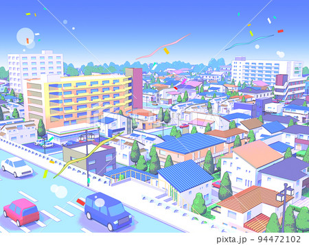 住宅街CG 　パステルカラー　街並み　風景　都会　背景 94472102