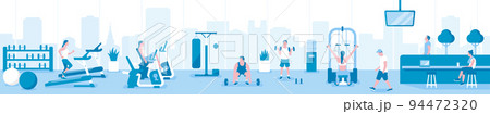 横長イラスト / ジムでトレーニングする人々 ベクターイラスト 94472320