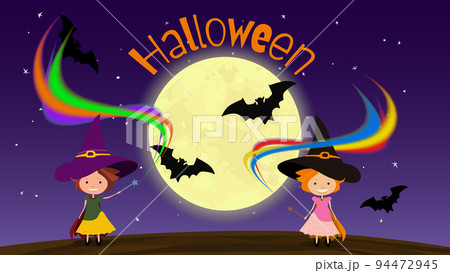 Halloween banner with two witches with magic wands and bats on background of moon, dark blue background with stars. Vector. Halloween banner with two witches with magic wands and bats on background of moon, dark blue background with stars. Vector. 94472945
