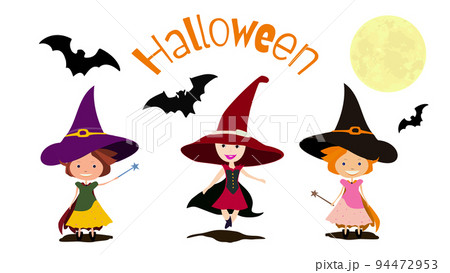 Halloween clipart set with three witches, bats and moon, isolated on white background. Design element. 94472953