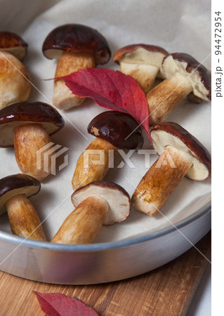 Vintage baking sheet with Imleria Badia or Boletus badius mushrooms commonly known as the bay bolete on wooden cutting board.. Vintage baking sheet with Imleria Badia or Boletus badius mushrooms commonly known as the bay bolete on wooden cutting board.. 94472954