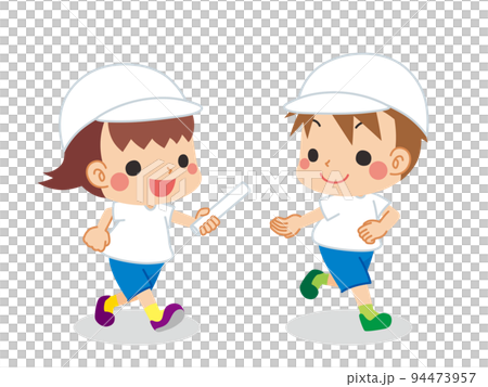 走ってリレーのバトンを男の子に渡す女の子のイラスト　子供　人物　可愛い　白背景　ベクター 94473957