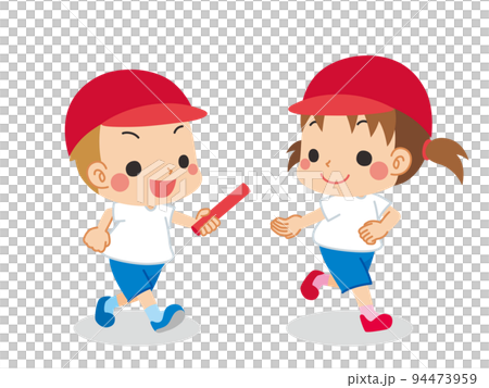 一個男孩跑並將接力棒傳給女孩、孩子、人、可愛、白色背景、矢量的插圖 一個男孩跑並將接力棒傳給女孩、孩子、人、可愛、白色背景、矢量的插圖 94473959