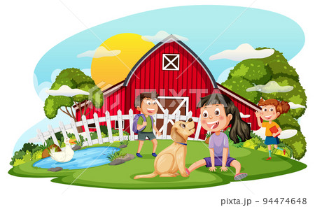 Farm scene with kids cartoon character Farm scene with kids cartoon character 94474648
