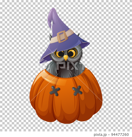 Cute owl in a sorcery hat is inside a pumpkin...のイラスト素材 [94477260] - PIXTA