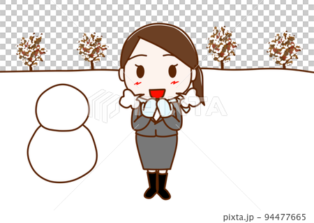 (Full body front) A woman in a suit who enjoys winter by making a snowman because it snowed 94477665
