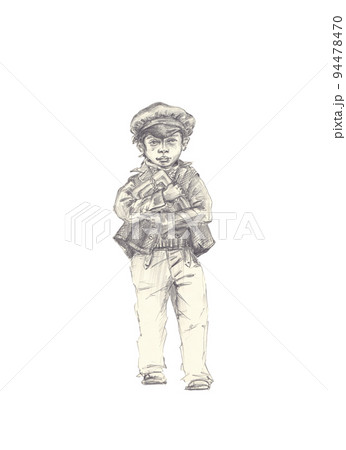 Graphic monochrome illustration of a schoolboy carrying books, textbooks 94478470