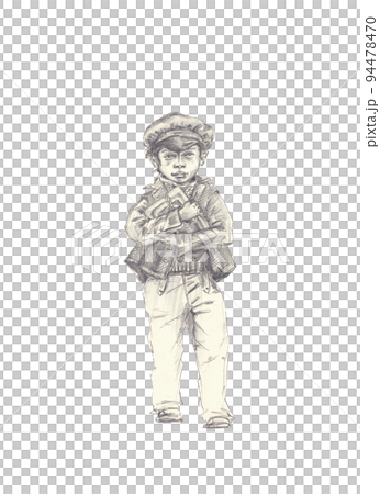 Graphic monochrome illustration of a schoolboy carrying books, textbooks 94478470