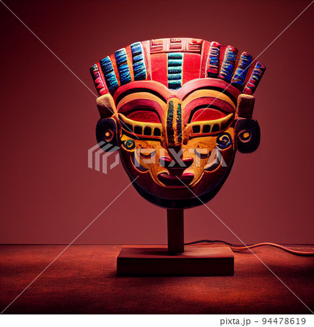 Peruvian Mayan Mask on stand in studio. Multi color. Ancient art. Studio Backdrop. Filmic lighting. Front light. Top light. Directional lighting. Peruvian Mayan Mask on stand in studio. Multi color. Ancient art. Studio Backdrop. Filmic lighting. Front light. Top light. Directional lighting. 94478619