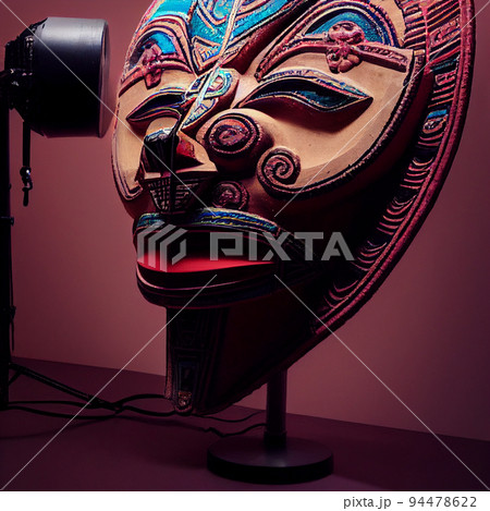 Peruvian Mayan Mask on stand in studio. Multi color. Ancient art. Studio Backdrop. Filmic lighting. Front light. Top light. Directional lighting. Peruvian Mayan Mask on stand in studio. Multi color. Ancient art. Studio Backdrop. Filmic lighting. Front light. Top light. Directional lighting. 94478622
