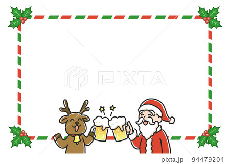ビールで乾杯するサンタとトナカイのイラスト　コピースペースあり 94479204