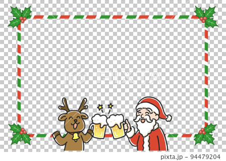ビールで乾杯するサンタとトナカイのイラスト　コピースペースあり 94479204