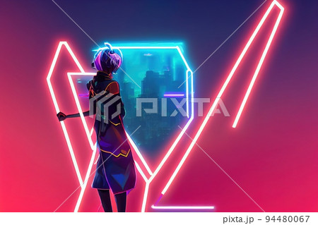 Beautiful Young Female Gamer Plays RPG Video Game on a Championship. Diverse Esport Team Play in Mock-up Video Game. Stylish Neon Cyber Games Arena. Side Arc View , anime style 94480067