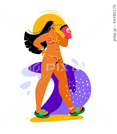 Girl drinking a cocktail - colorful flat design style illustration Girl drinking a cocktail - colorful flat design style illustration 94480170