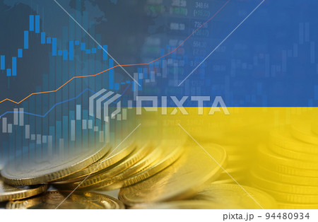 Stock market investment trading financial, coin and Ukraine flag or Forex for analyze profit finance business trend data background. 94480934