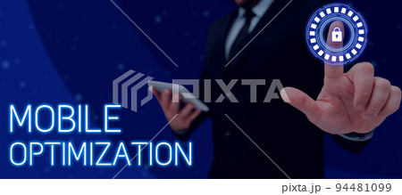 Inspiration showing sign Mobile Optimization. Business approach Site Content Reformatted for Handheld or Tablet Devices 94481099