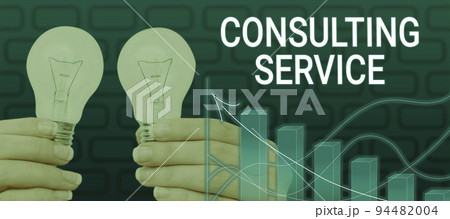 Hand writing sign Consulting ServiceExperts that offers knowledge to a third party for a fee. Concept meaning Experts that offers knowledge to a third party for a fee 94482004