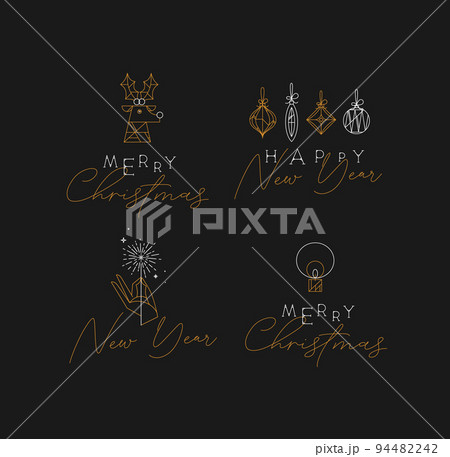 Set of New Year and Christmas art deco labels with lettering drawing in modern vintage line style 94482242