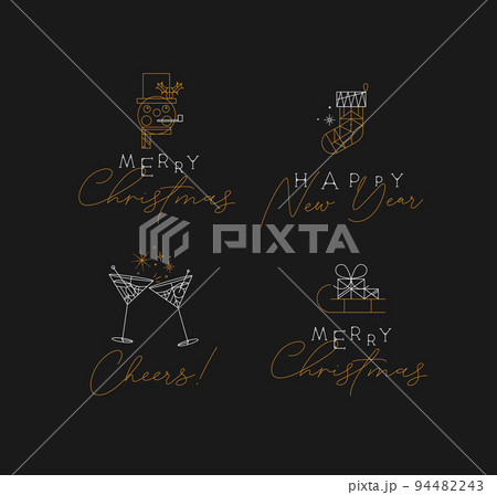 Christmas and Happy New Year art deco labels with lettering drawing in modern vintage line style 94482243