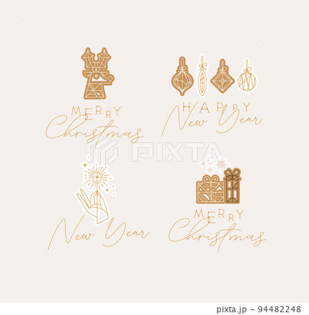 Set of New Year and Christmas art deco labels with lettering drawing in modern vintage line style on beige background 94482248