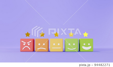 3d render of Customer satisfaction Choices rating from bad to good with star light. Minimal design concept on pastel purple background. Users give rating for evaluation. 3d render of Customer satisfaction Choices rating from bad to good with star light. Minimal design concept on pastel purple background. Users give rating for evaluation. 94482271
