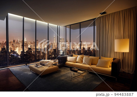 Concept art illustration of luxury penthouse living room interior in New York city 94483887