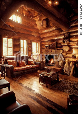 Concept art illustration of chalet log cabin home living room interior design 94483892