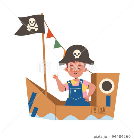 Happy Little Boy in Homemade Cardboard Boat in Pirate Hat Playing and Having Fun Vector Illustration Happy Little Boy in Homemade Cardboard Boat in Pirate Hat Playing and Having Fun Vector Illustration 94484260