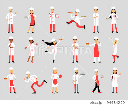 Professional Cooking Chefs Working In Restaurant Wearing Classic Traditional White Uniform and Toque Big Vector Set 94484290