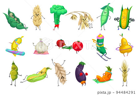 Cartoon Cereal and Vegetable Food Character Playing Sport and Doing Physical Activity Big Vector Set 94484291