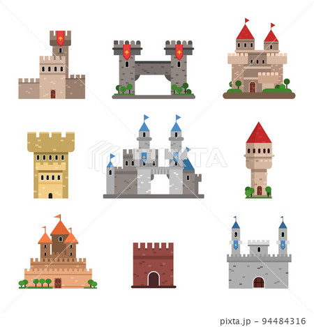 Medieval Castle with Stone Wall and Tall Towers Big Vector Set 94484316