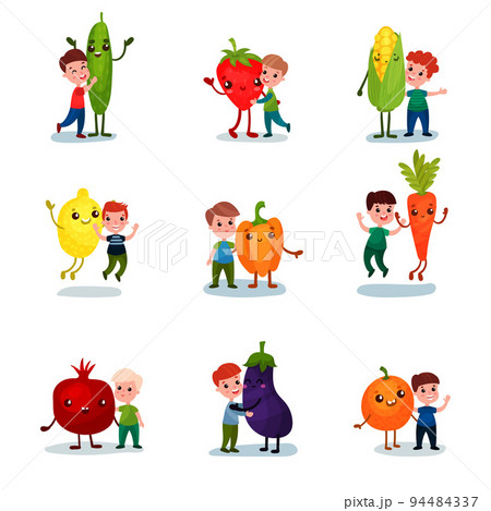 Little Boy Character with Huge Humanized Fruit and Vegetables Vector Set 94484337