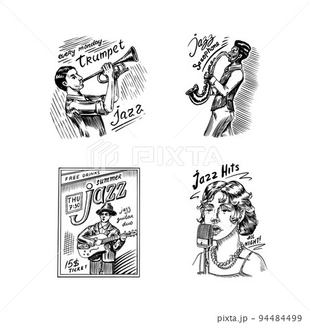 Woman jazz singer sings into a microphone Sketch. Afro American saxophonist. Male musician with a Woman jazz singer sings into a microphone Sketch. Afro American saxophonist. Male musician with a 94484499