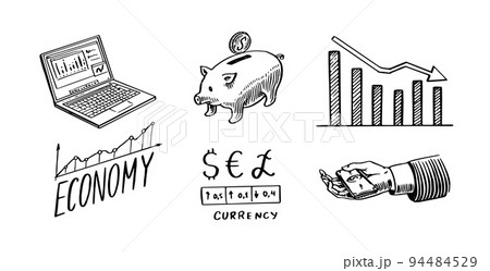 Economy poster. Finance and money. Piggy bank, calculator and graphs. Set of hand drawn icons for 94484529