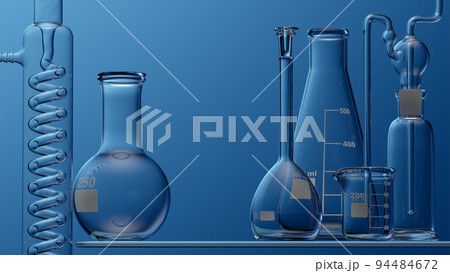 Glass chemistry lab equipment on blue background. Chemistry Lab concept. 3d Glass chemistry lab equipment on blue background. Chemistry Lab concept. 3d 94484672
