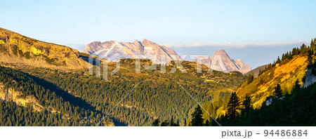 Dolomites panoramic view with Marmolada at morning sunrise time 94486884