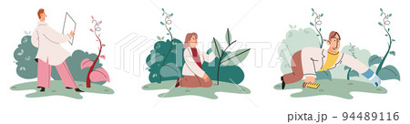 Scientist explores vegetable life and plants in nature. Biologists studying biological species Scientist explores vegetable life and plants in nature. Biologists studying biological species 94489116