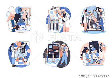 Medical research. Laboratory diagnostic services, medical device design and development scenes set metaphor Medical research. Laboratory diagnostic services, medical device design and development scenes set metaphor 94489342