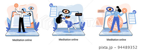 Meditation online metaphor. Practicing yoga, mental exercises. Wellness practice to restore peace of mind 94489352